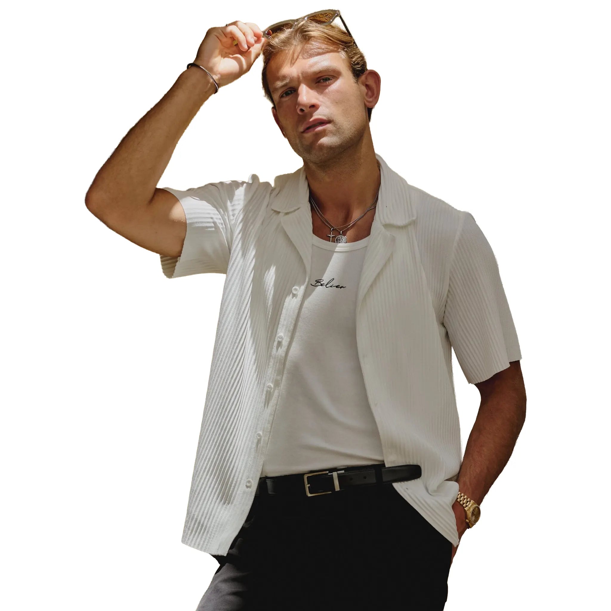 Front View of Belier Pleated Resort S/S White Shirt